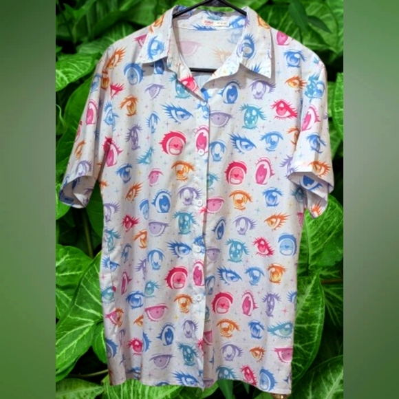 ROMWE Multi Hawaiian Style Button Down Shirt Anime Eyes Kawaii - Picture 1 of 2